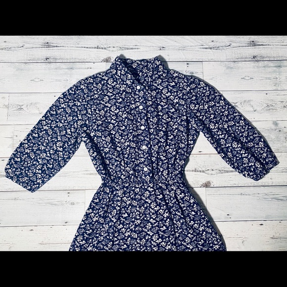 Vintage Navy Floral Prairie Cottagecore Midi Dress - Picture 15 of 16
